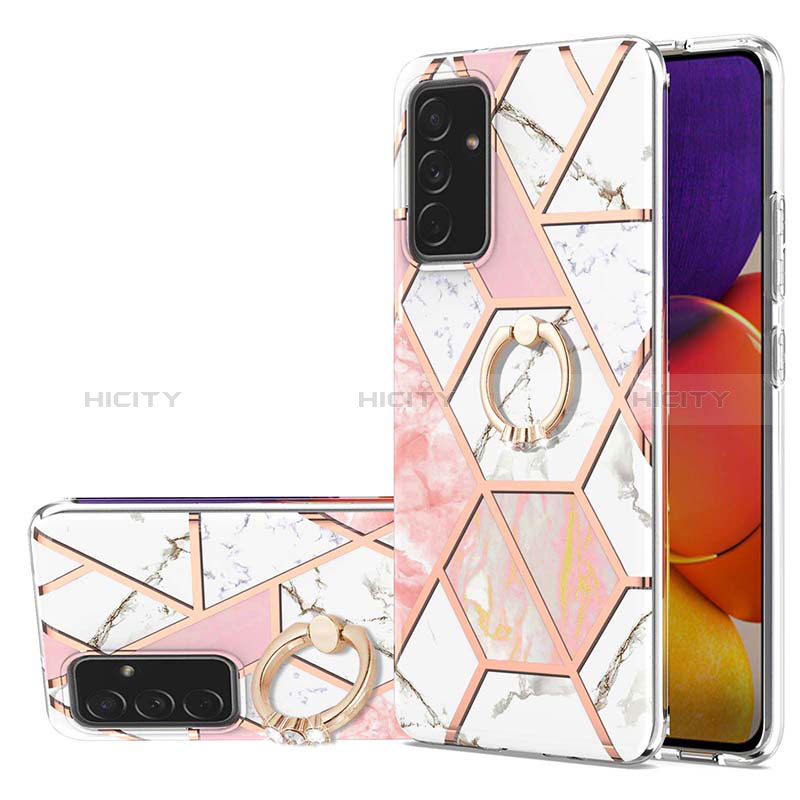 Silicone Candy Rubber Gel Fashionable Pattern Soft Case Cover with Finger Ring Stand Y01B for Samsung Galaxy A82 5G Pink