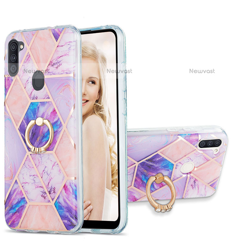 Silicone Candy Rubber Gel Fashionable Pattern Soft Case Cover with Finger Ring Stand Y01B for Samsung Galaxy M11 Clove Purple