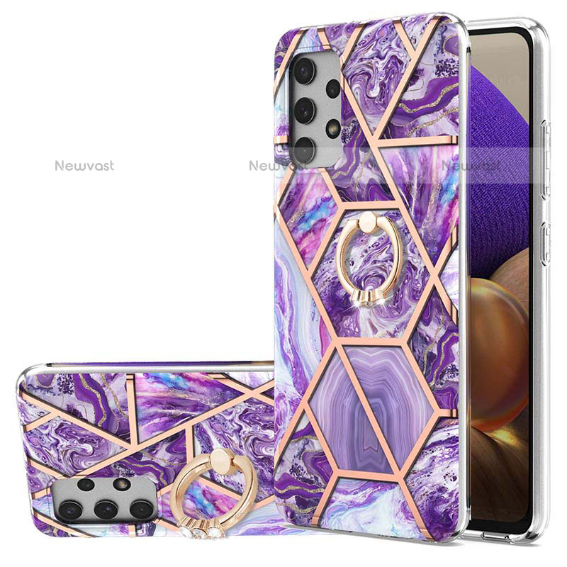 Silicone Candy Rubber Gel Fashionable Pattern Soft Case Cover with Finger Ring Stand Y01B for Samsung Galaxy M32 5G Purple