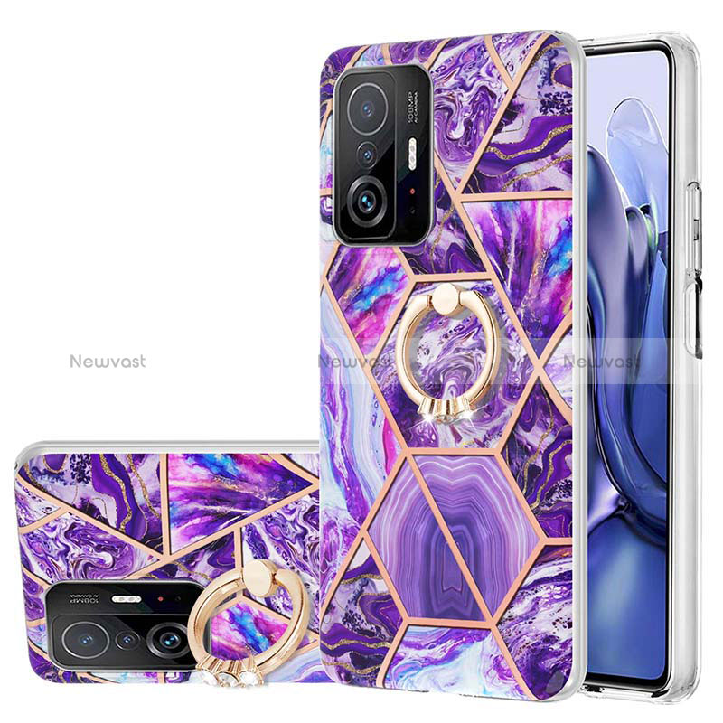 Silicone Candy Rubber Gel Fashionable Pattern Soft Case Cover with Finger Ring Stand Y01B for Xiaomi Mi 11T 5G Purple