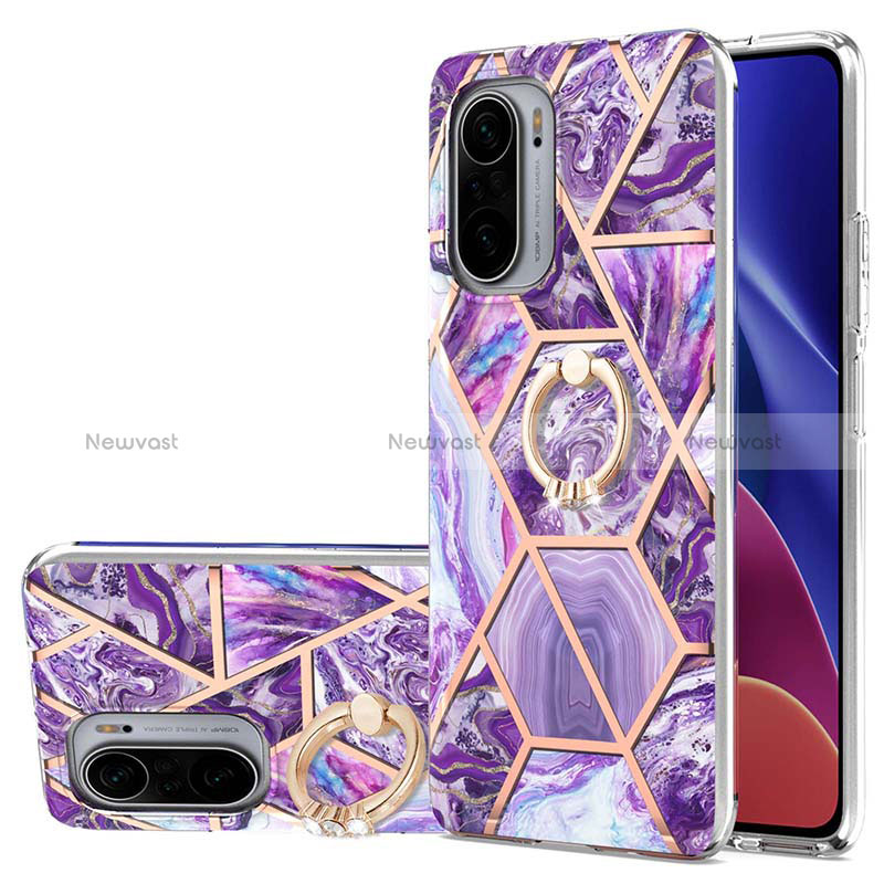 Silicone Candy Rubber Gel Fashionable Pattern Soft Case Cover with Finger Ring Stand Y01B for Xiaomi Poco F3 5G Purple