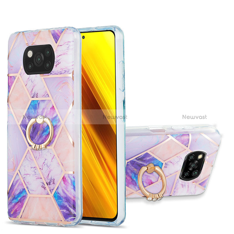 Silicone Candy Rubber Gel Fashionable Pattern Soft Case Cover with Finger Ring Stand Y01B for Xiaomi Poco X3 NFC Clove Purple