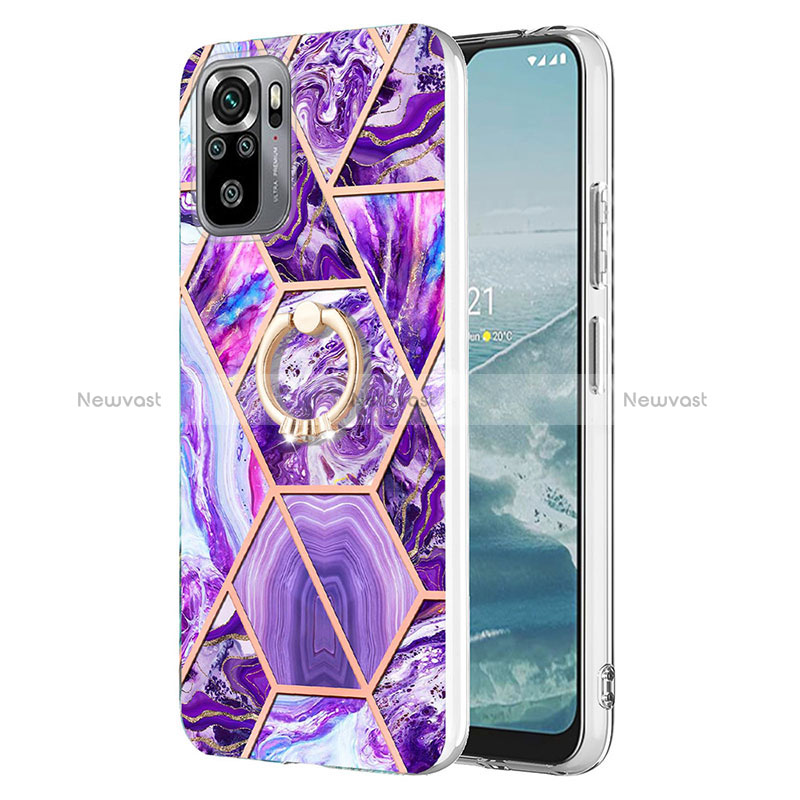 Silicone Candy Rubber Gel Fashionable Pattern Soft Case Cover with Finger Ring Stand Y01B for Xiaomi Redmi Note 10 4G Purple