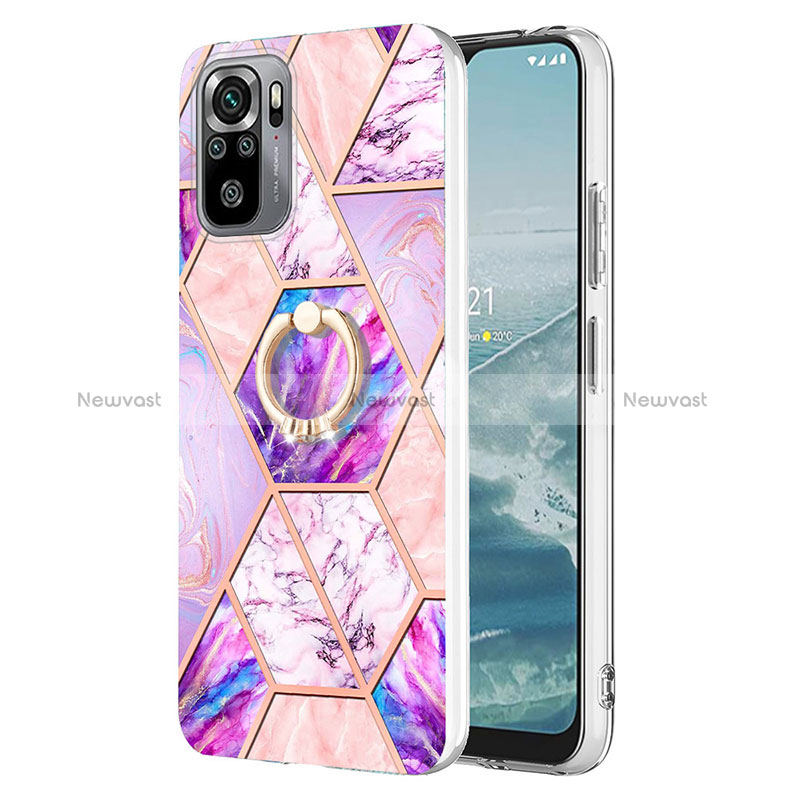 Silicone Candy Rubber Gel Fashionable Pattern Soft Case Cover with Finger Ring Stand Y01B for Xiaomi Redmi Note 10S 4G Clove Purple