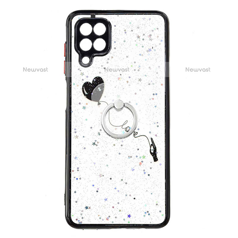 Silicone Candy Rubber Gel Fashionable Pattern Soft Case Cover with Finger Ring Stand Y01X for Samsung Galaxy A12 Black