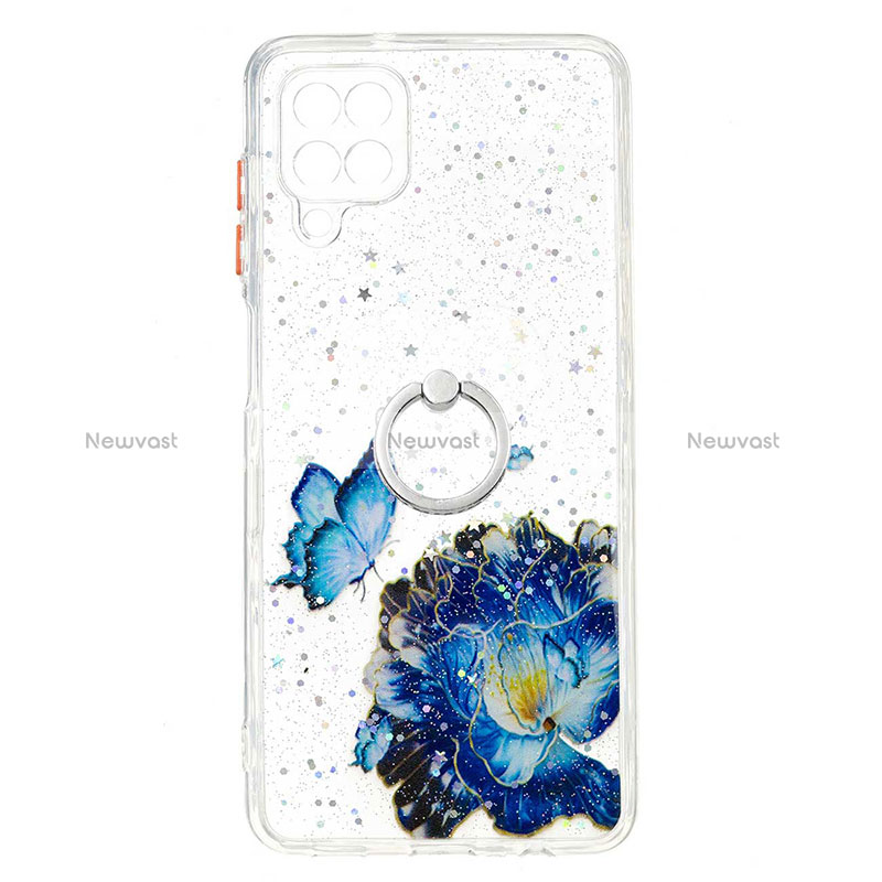 Silicone Candy Rubber Gel Fashionable Pattern Soft Case Cover with Finger Ring Stand Y01X for Samsung Galaxy A12 Nacho Blue