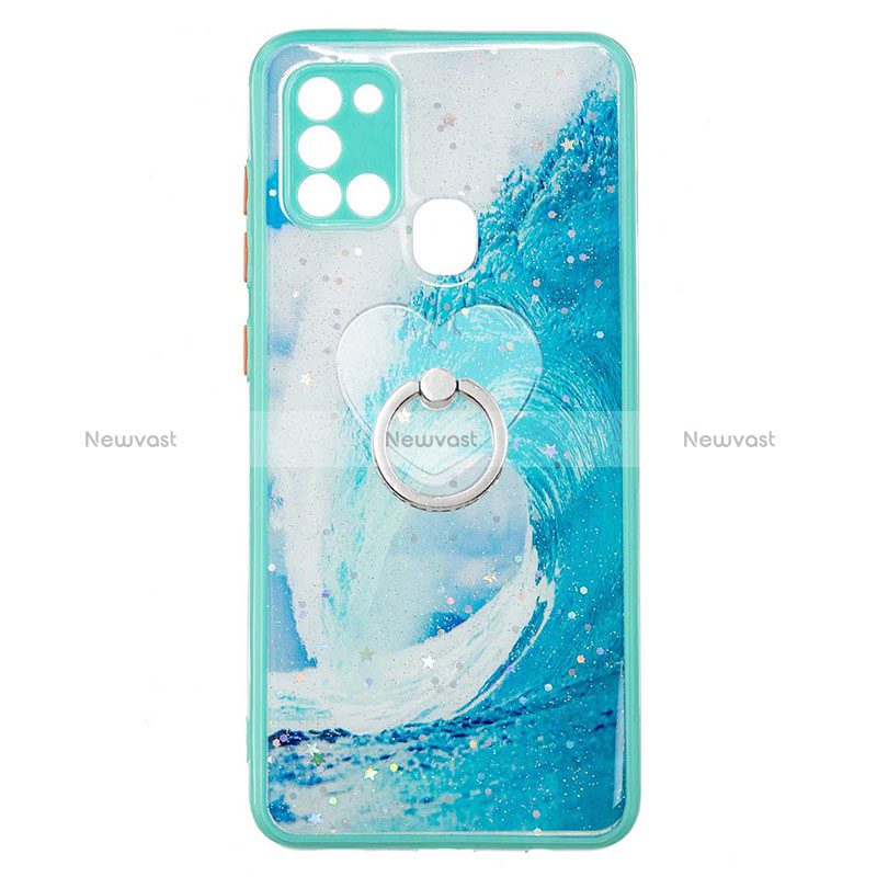 Silicone Candy Rubber Gel Fashionable Pattern Soft Case Cover with Finger Ring Stand Y01X for Samsung Galaxy A21s Green