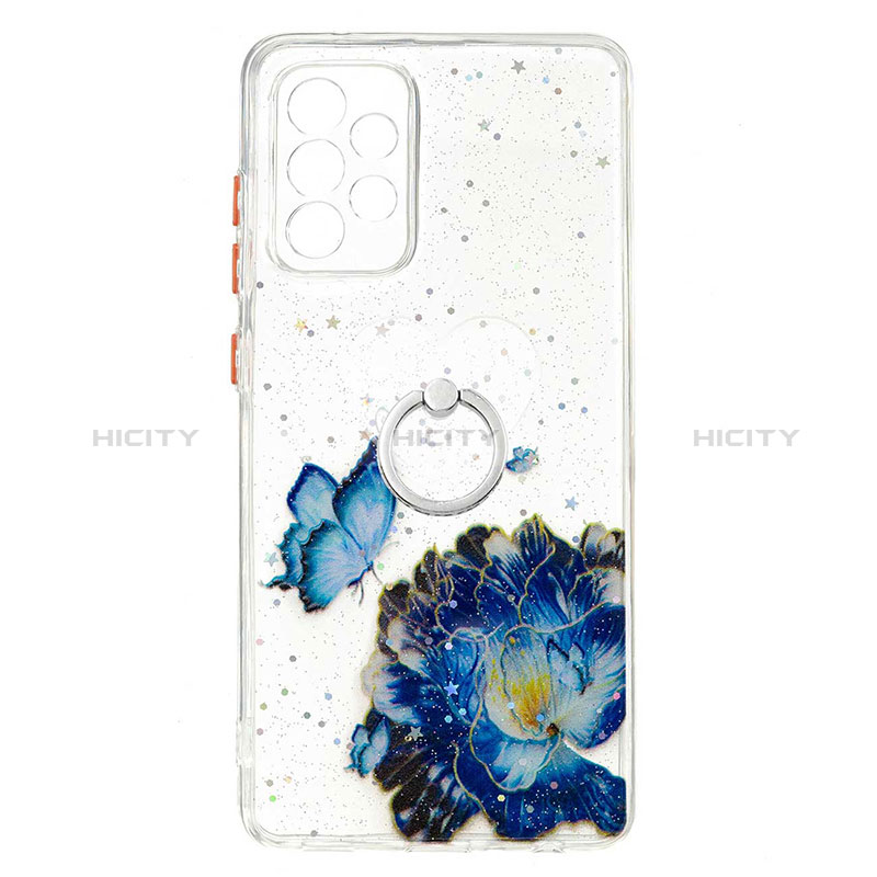 Silicone Candy Rubber Gel Fashionable Pattern Soft Case Cover with Finger Ring Stand Y01X for Samsung Galaxy A72 5G Blue