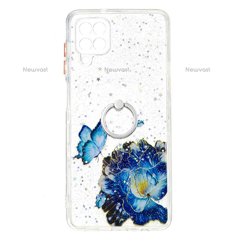 Silicone Candy Rubber Gel Fashionable Pattern Soft Case Cover with Finger Ring Stand Y01X for Samsung Galaxy F12 Blue