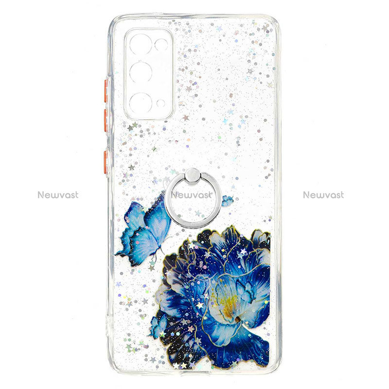 Silicone Candy Rubber Gel Fashionable Pattern Soft Case Cover with Finger Ring Stand Y01X for Samsung Galaxy S20 FE 4G Blue