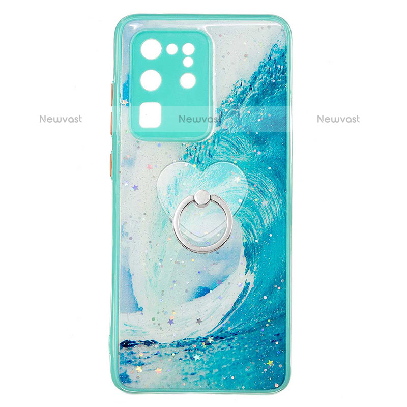 Silicone Candy Rubber Gel Fashionable Pattern Soft Case Cover with Finger Ring Stand Y01X for Samsung Galaxy S20 Ultra Green