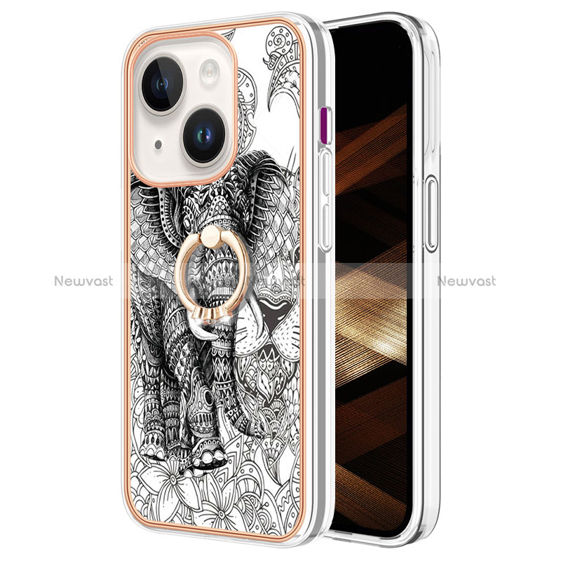 Silicone Candy Rubber Gel Fashionable Pattern Soft Case Cover with Finger Ring Stand Y02B for Apple iPhone 14 Plus Gray