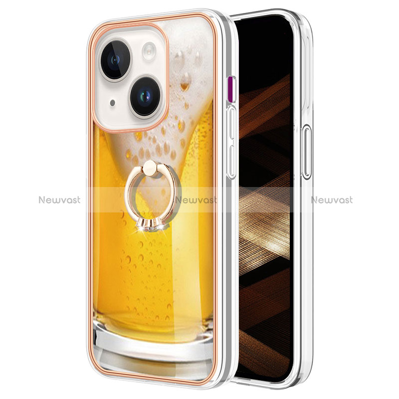 Silicone Candy Rubber Gel Fashionable Pattern Soft Case Cover with Finger Ring Stand Y02B for Apple iPhone 15 Plus Yellow