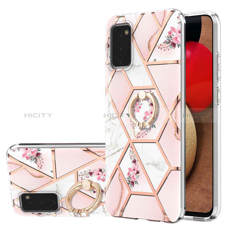 Silicone Candy Rubber Gel Fashionable Pattern Soft Case Cover with Finger Ring Stand Y02B for Samsung Galaxy A03s Pink