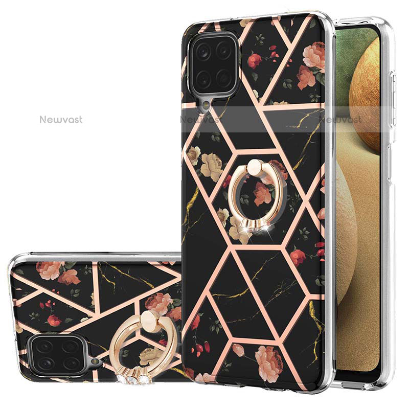 Silicone Candy Rubber Gel Fashionable Pattern Soft Case Cover with Finger Ring Stand Y02B for Samsung Galaxy A12 Black