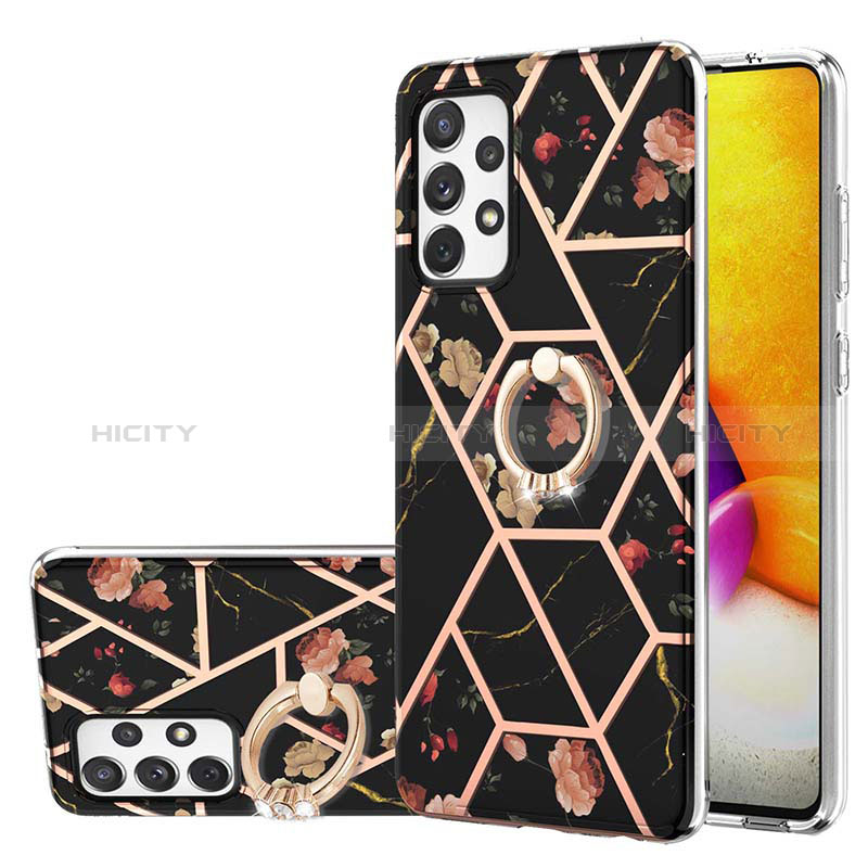 Silicone Candy Rubber Gel Fashionable Pattern Soft Case Cover with Finger Ring Stand Y02B for Samsung Galaxy A72 5G Black