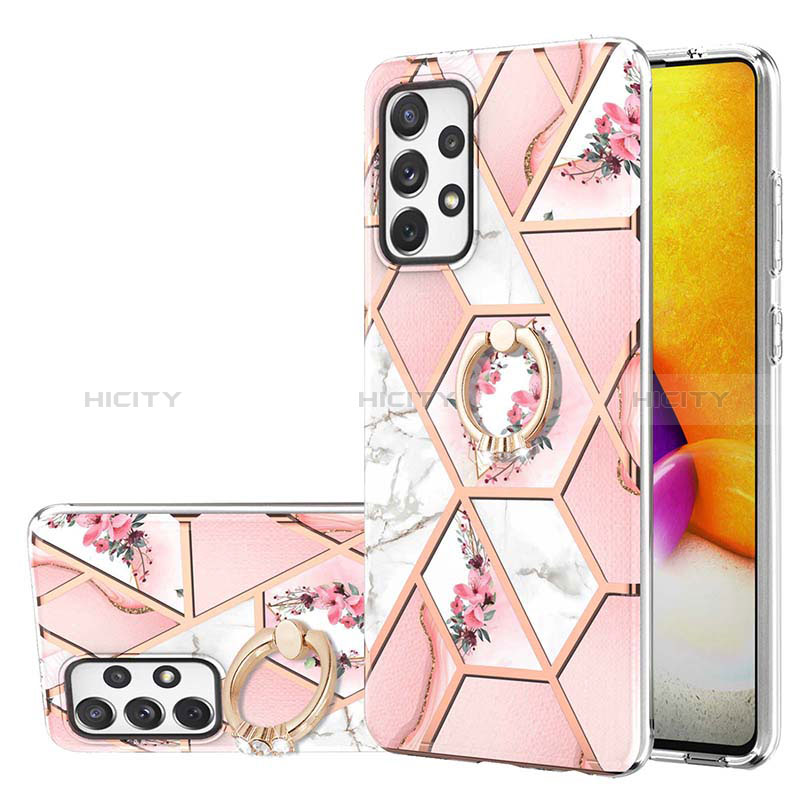 Silicone Candy Rubber Gel Fashionable Pattern Soft Case Cover with Finger Ring Stand Y02B for Samsung Galaxy A72 5G Pink