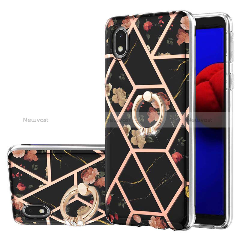 Silicone Candy Rubber Gel Fashionable Pattern Soft Case Cover with Finger Ring Stand Y02B for Samsung Galaxy M01 Core Black