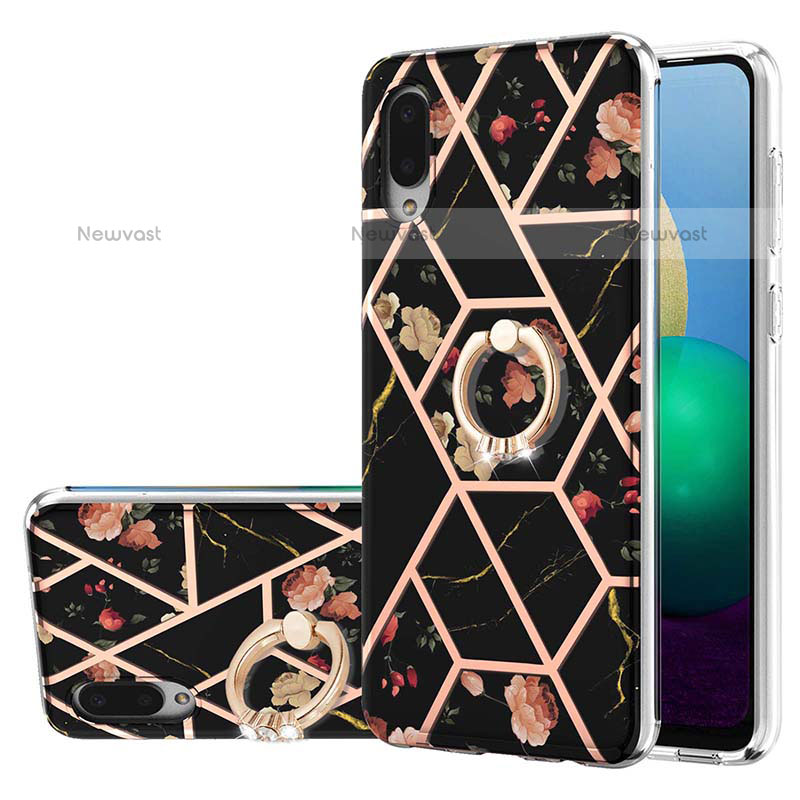 Silicone Candy Rubber Gel Fashionable Pattern Soft Case Cover with Finger Ring Stand Y02B for Samsung Galaxy M02 Black