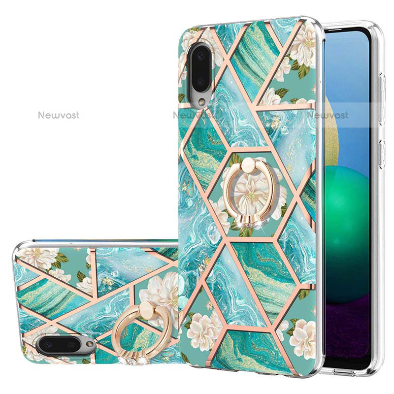 Silicone Candy Rubber Gel Fashionable Pattern Soft Case Cover with Finger Ring Stand Y02B for Samsung Galaxy M02 Green