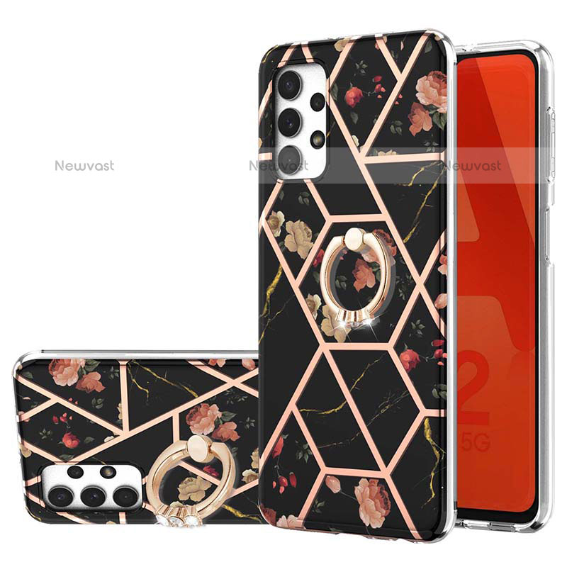 Silicone Candy Rubber Gel Fashionable Pattern Soft Case Cover with Finger Ring Stand Y02B for Samsung Galaxy M32 5G Black