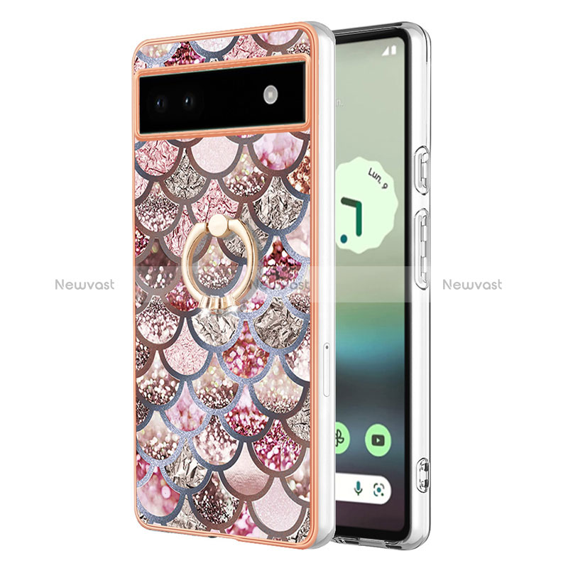 Silicone Candy Rubber Gel Fashionable Pattern Soft Case Cover with Finger Ring Stand Y03B for Google Pixel 6a 5G Brown