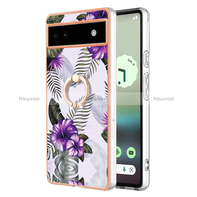 Silicone Candy Rubber Gel Fashionable Pattern Soft Case Cover with Finger Ring Stand Y03B for Google Pixel 6a 5G Purple