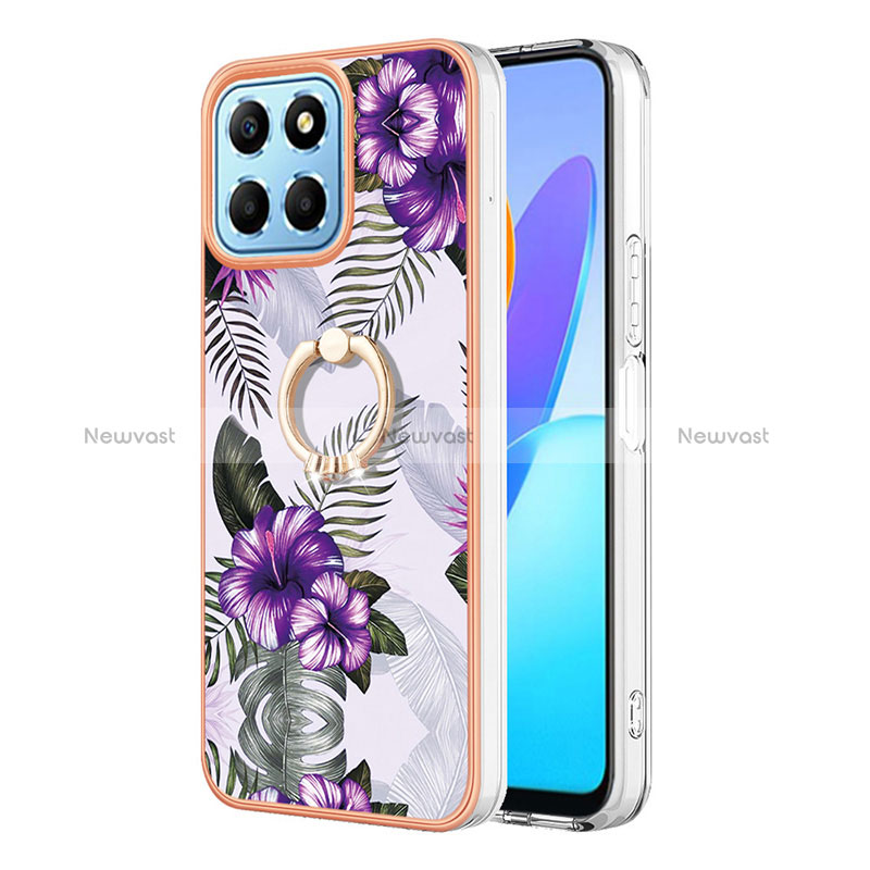 Silicone Candy Rubber Gel Fashionable Pattern Soft Case Cover with Finger Ring Stand Y03B for Huawei Honor X6 5G Purple