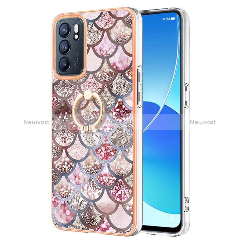 Silicone Candy Rubber Gel Fashionable Pattern Soft Case Cover with Finger Ring Stand Y03B for Oppo Reno6 5G Brown