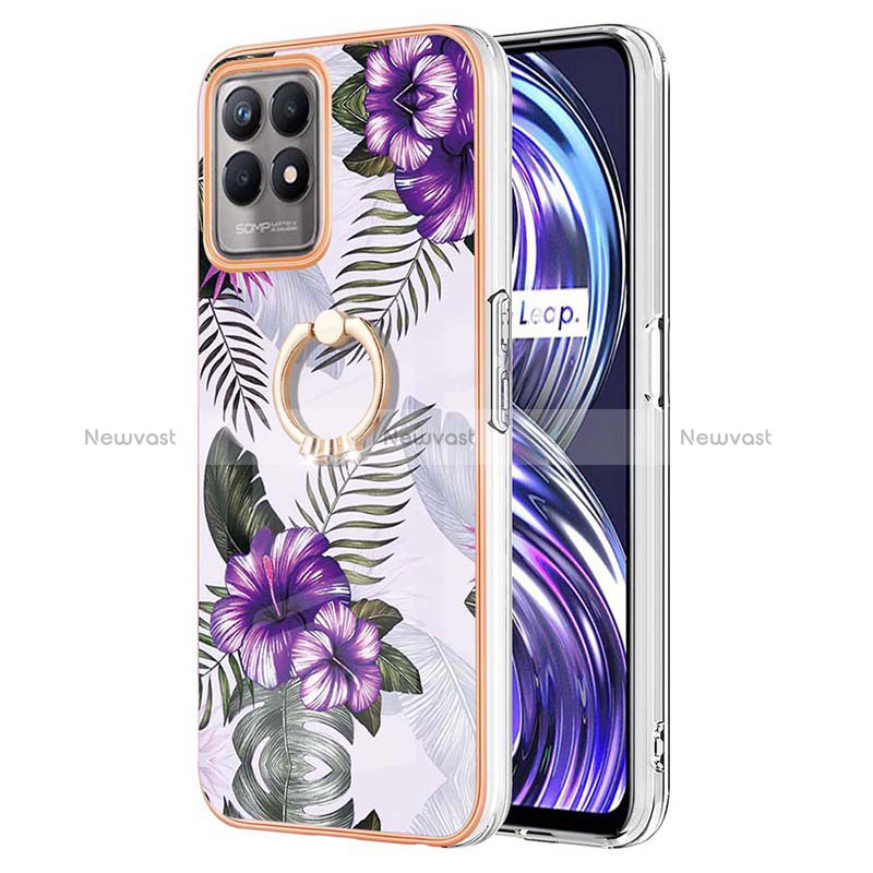 Silicone Candy Rubber Gel Fashionable Pattern Soft Case Cover with Finger Ring Stand Y03B for Realme 8i Purple