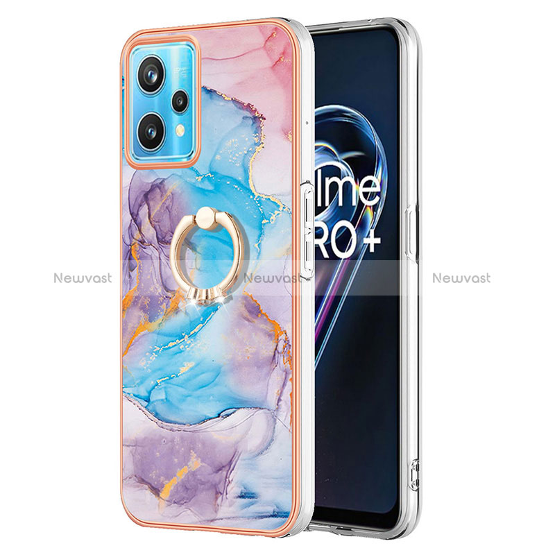 Silicone Candy Rubber Gel Fashionable Pattern Soft Case Cover with Finger Ring Stand Y03B for Realme 9 Pro+ Plus 5G Blue