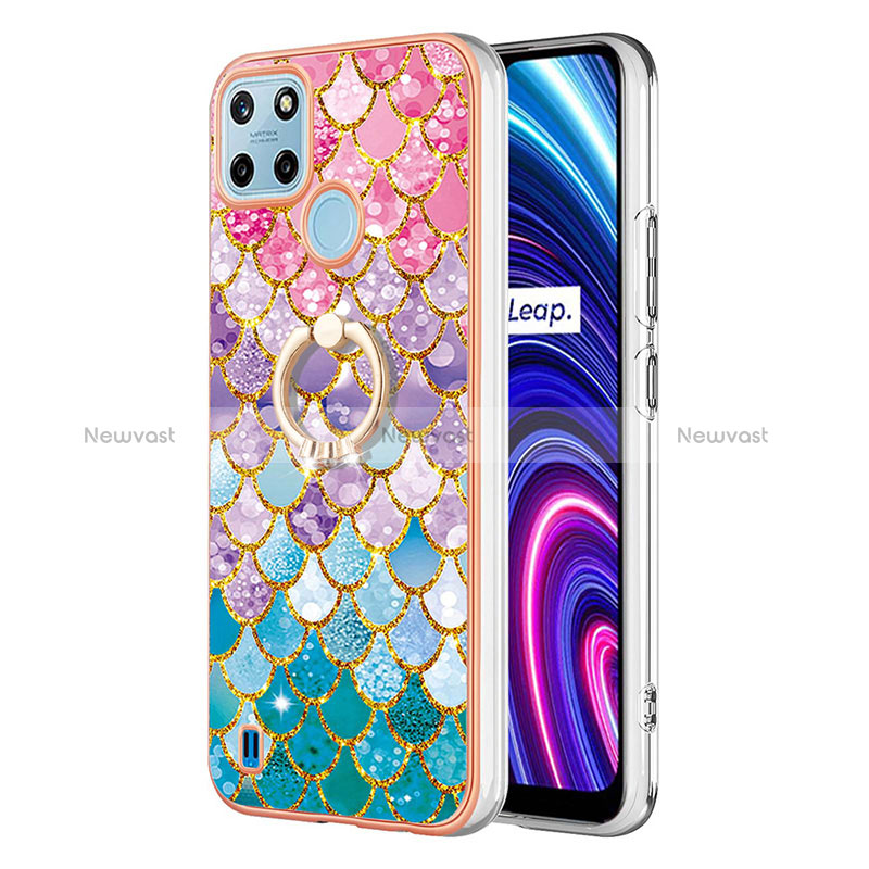 Silicone Candy Rubber Gel Fashionable Pattern Soft Case Cover with Finger Ring Stand Y03B for Realme C25Y India