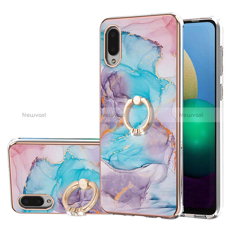 Silicone Candy Rubber Gel Fashionable Pattern Soft Case Cover with Finger Ring Stand Y03B for Samsung Galaxy A02 Blue