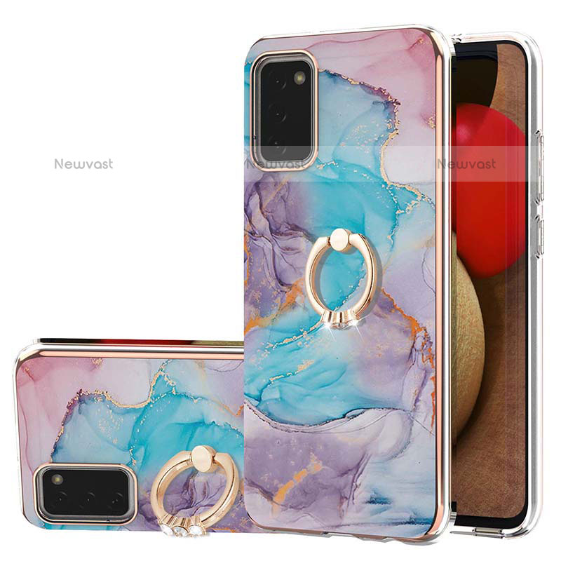 Silicone Candy Rubber Gel Fashionable Pattern Soft Case Cover with Finger Ring Stand Y03B for Samsung Galaxy A02s Blue