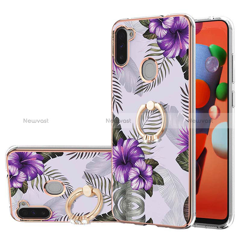 Silicone Candy Rubber Gel Fashionable Pattern Soft Case Cover with Finger Ring Stand Y03B for Samsung Galaxy A11 Purple