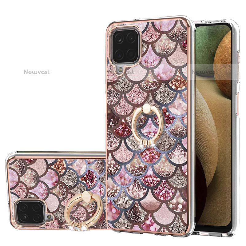 Silicone Candy Rubber Gel Fashionable Pattern Soft Case Cover with Finger Ring Stand Y03B for Samsung Galaxy A12 Brown