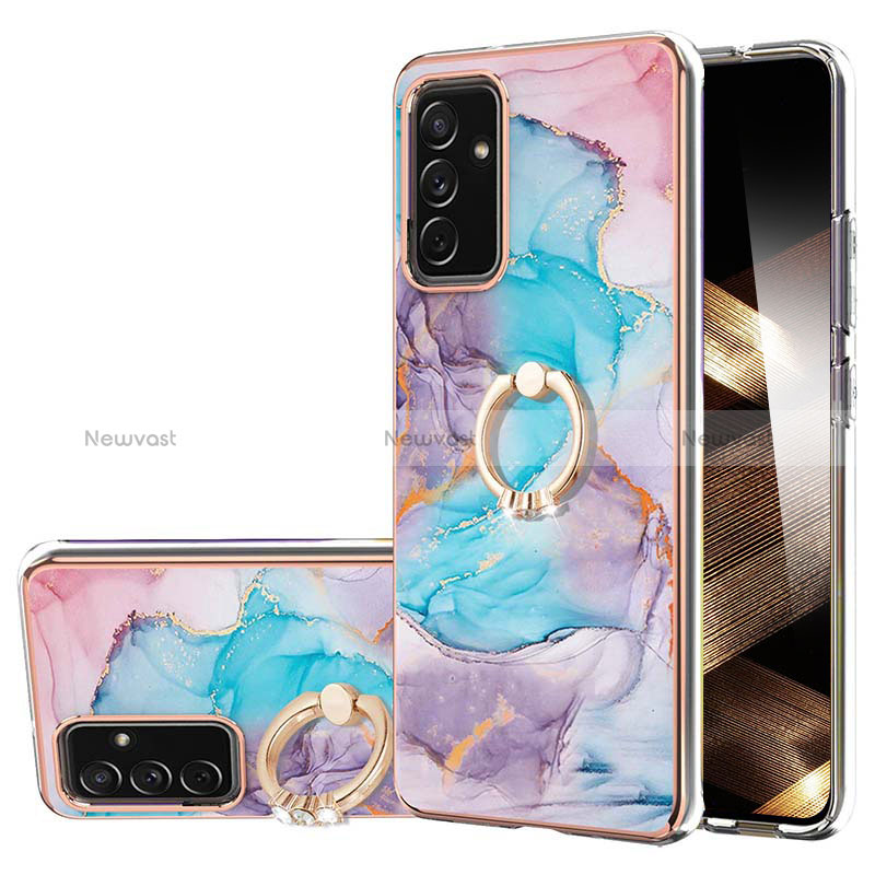 Silicone Candy Rubber Gel Fashionable Pattern Soft Case Cover with Finger Ring Stand Y03B for Samsung Galaxy A15 4G Blue
