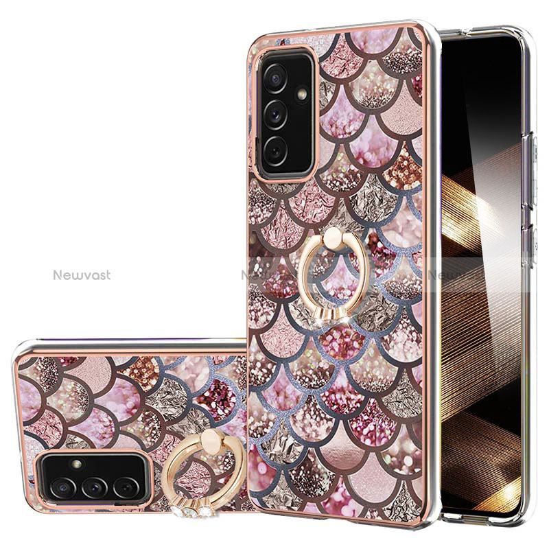 Silicone Candy Rubber Gel Fashionable Pattern Soft Case Cover with Finger Ring Stand Y03B for Samsung Galaxy A15 4G Brown