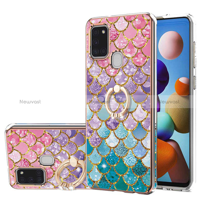 Silicone Candy Rubber Gel Fashionable Pattern Soft Case Cover with Finger Ring Stand Y03B for Samsung Galaxy A21s Colorful