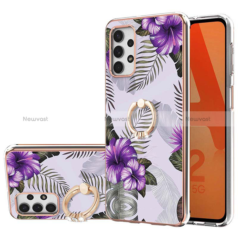 Silicone Candy Rubber Gel Fashionable Pattern Soft Case Cover with Finger Ring Stand Y03B for Samsung Galaxy A32 4G Purple