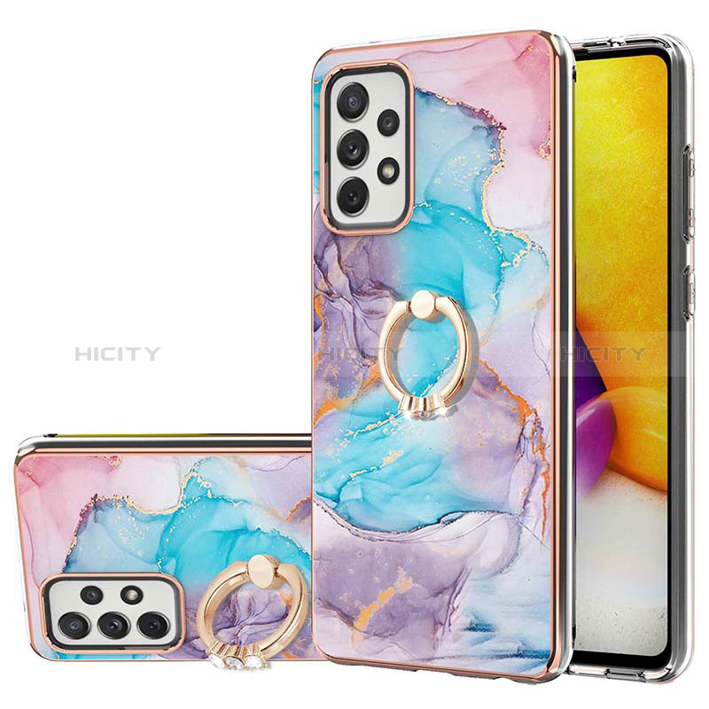 Silicone Candy Rubber Gel Fashionable Pattern Soft Case Cover with Finger Ring Stand Y03B for Samsung Galaxy A72 4G Blue