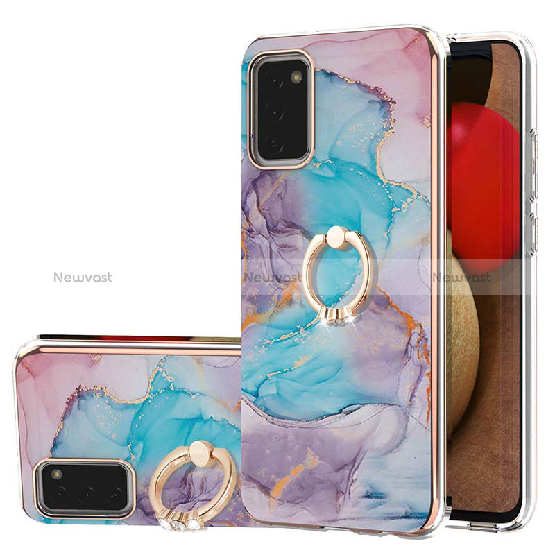 Silicone Candy Rubber Gel Fashionable Pattern Soft Case Cover with Finger Ring Stand Y03B for Samsung Galaxy F02S SM-E025F Blue