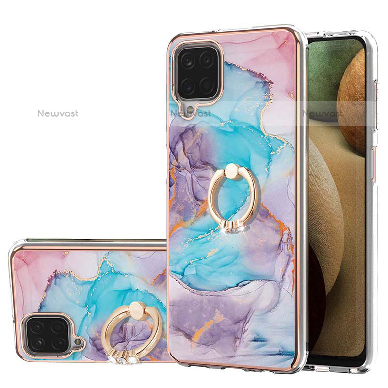 Silicone Candy Rubber Gel Fashionable Pattern Soft Case Cover with Finger Ring Stand Y03B for Samsung Galaxy F12 Blue