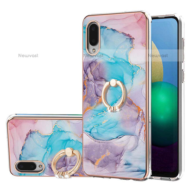 Silicone Candy Rubber Gel Fashionable Pattern Soft Case Cover with Finger Ring Stand Y03B for Samsung Galaxy M02 Blue