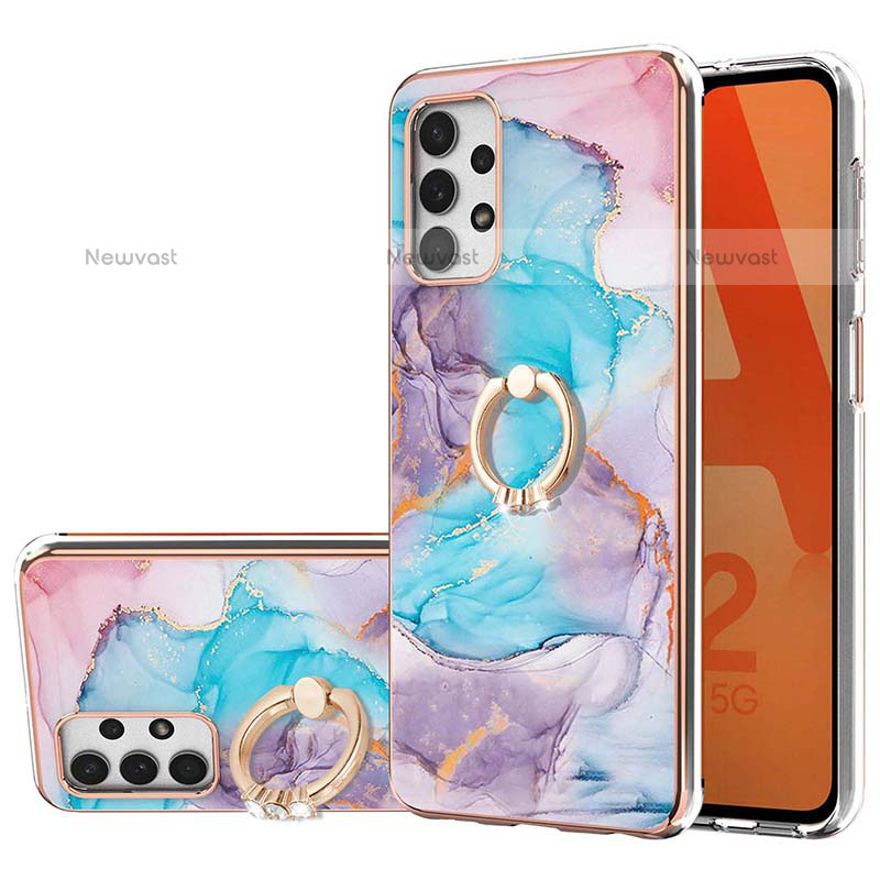 Silicone Candy Rubber Gel Fashionable Pattern Soft Case Cover with Finger Ring Stand Y03B for Samsung Galaxy M32 5G Blue