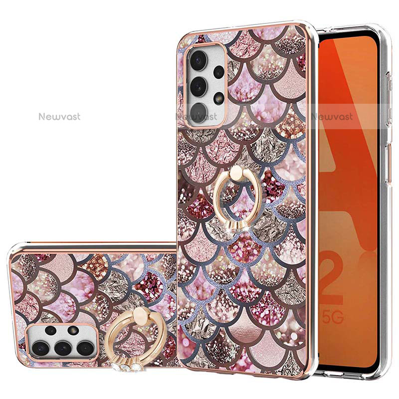 Silicone Candy Rubber Gel Fashionable Pattern Soft Case Cover with Finger Ring Stand Y03B for Samsung Galaxy M32 5G Brown