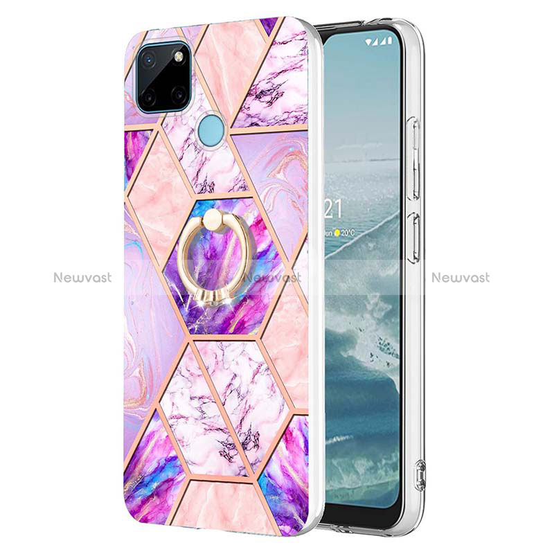 Silicone Candy Rubber Gel Fashionable Pattern Soft Case Cover with Finger Ring Stand Y04B for Realme C25Y India Clove Purple