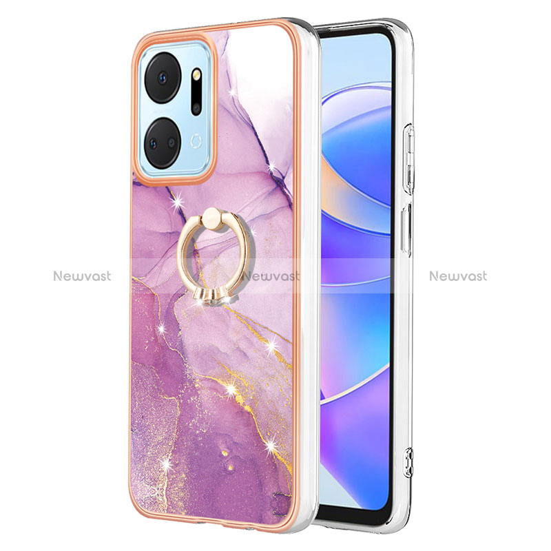 Silicone Candy Rubber Gel Fashionable Pattern Soft Case Cover with Finger Ring Stand Y05B for Huawei Honor X7a Clove Purple