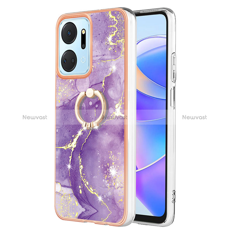 Silicone Candy Rubber Gel Fashionable Pattern Soft Case Cover with Finger Ring Stand Y05B for Huawei Honor X7a Purple