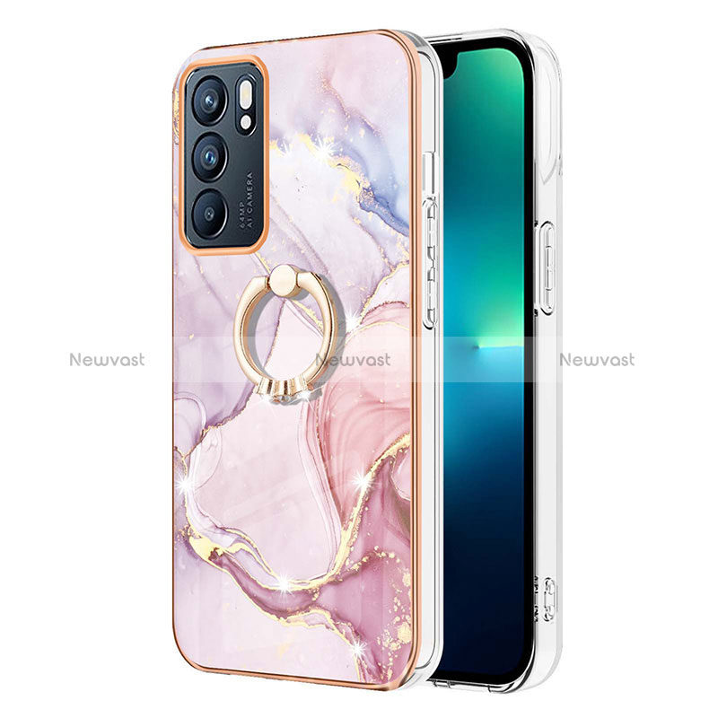 Silicone Candy Rubber Gel Fashionable Pattern Soft Case Cover with Finger Ring Stand Y05B for Oppo Reno6 5G Pink